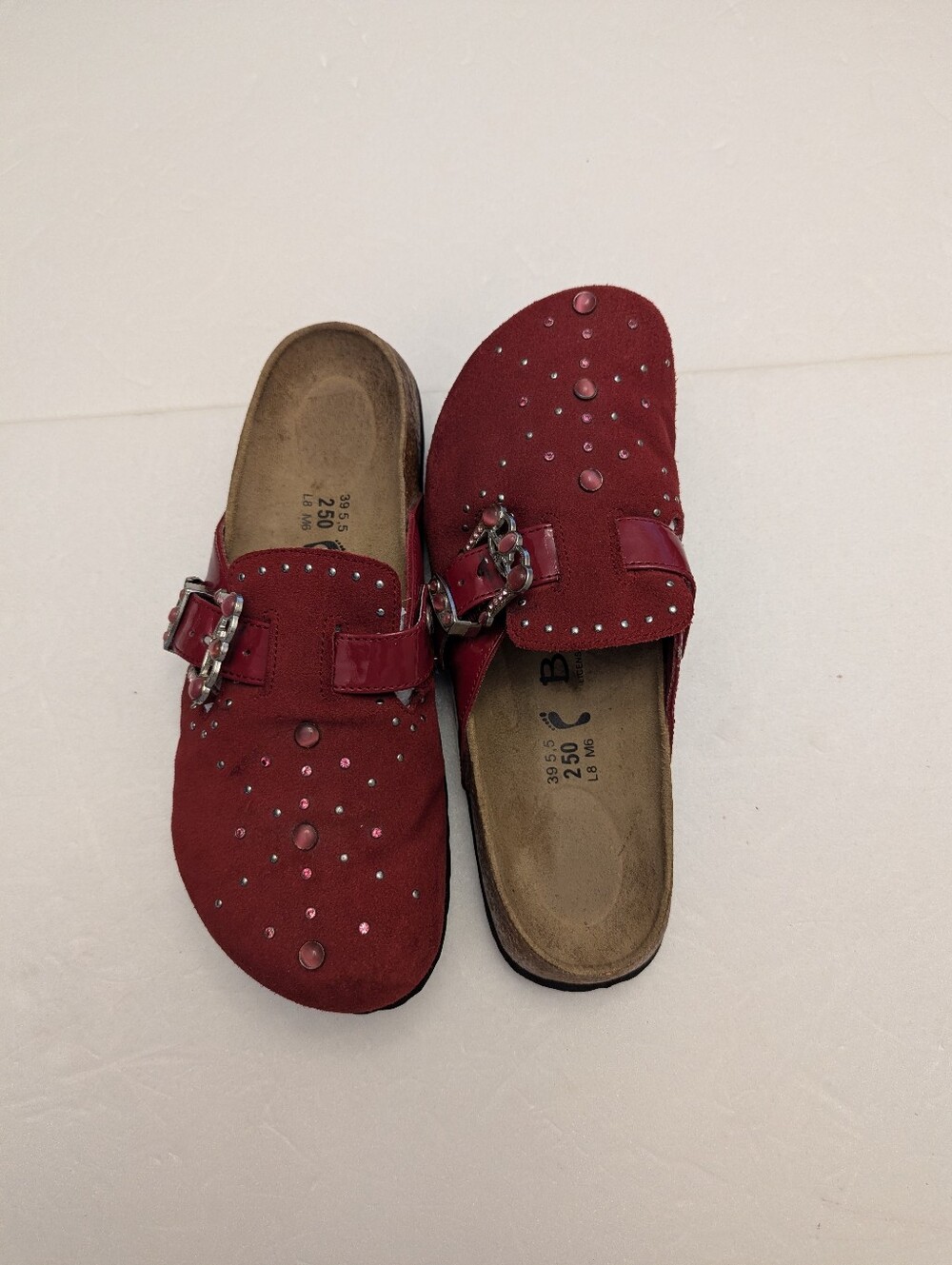 Red Studded Suede Birkenstock Betula Slip-On Clog with Buckle - Picture 4 of 6